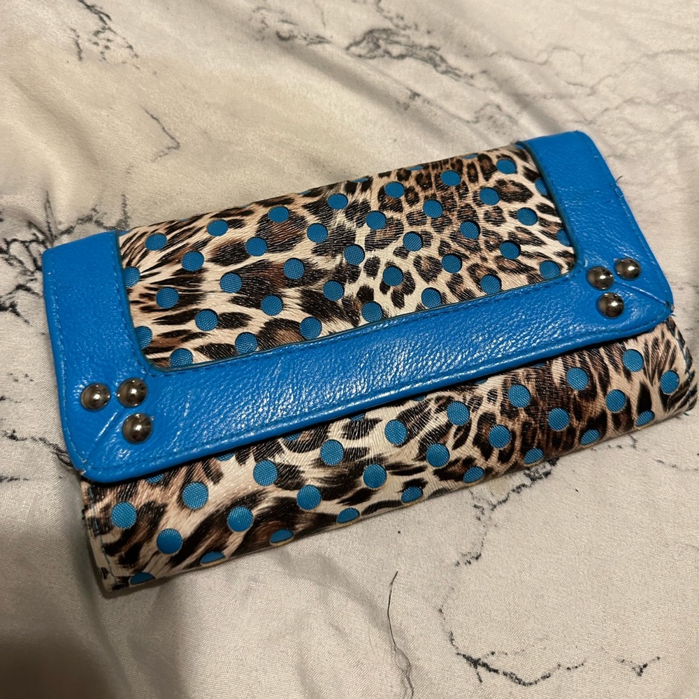 Blue and brown animal print wallet